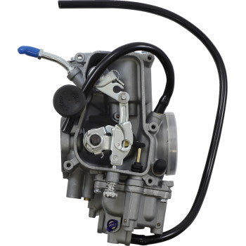 Silver metal Yamaha offroad replacement carburetor with black hoses and adjustment levers.