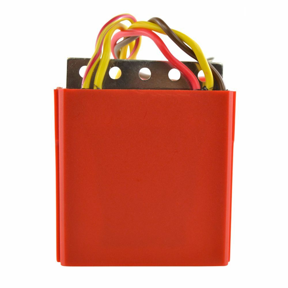 Compact red rectangular motorcycle regulator with three yellow and black wires and metal mounting bracket.