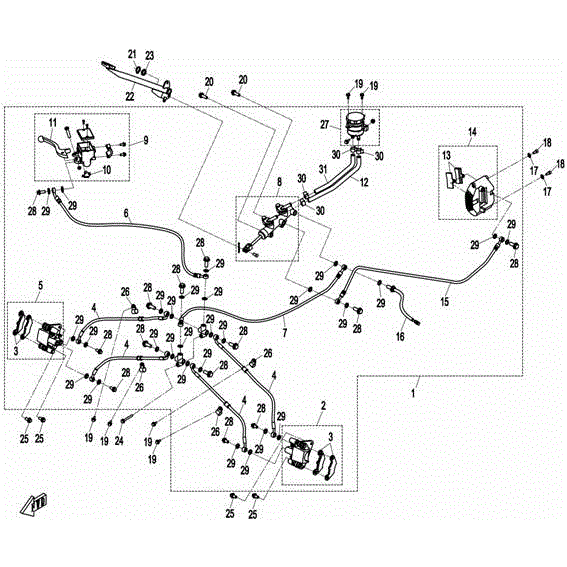 An Image of a genuine CFMOTO Parts Schematic Diagram showing the group - HYDRAULIC BRAKE ASSY - 2015 CFMOTO CFORCE 800 X8