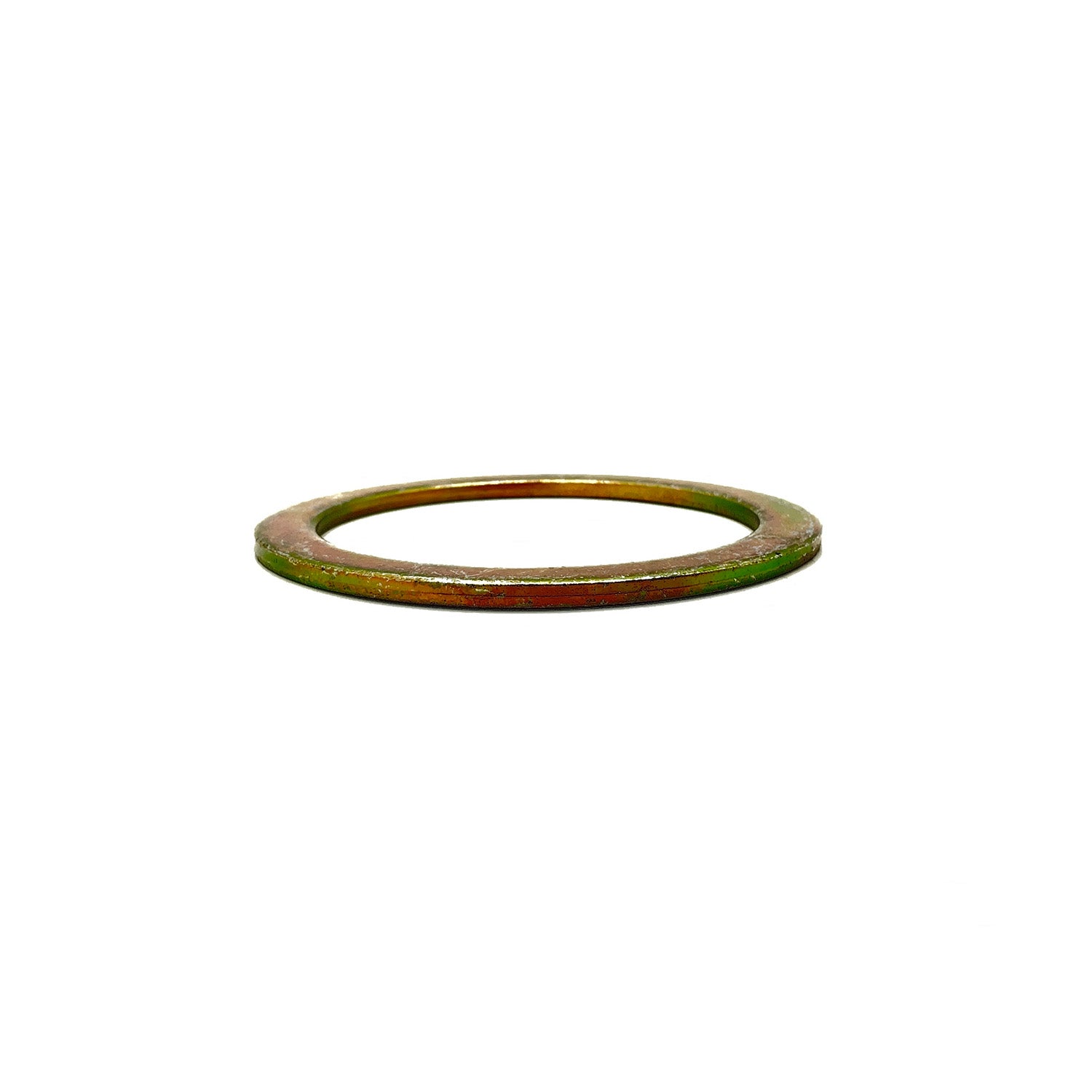 Round copper washer with a slightly raised edge and smooth surface.