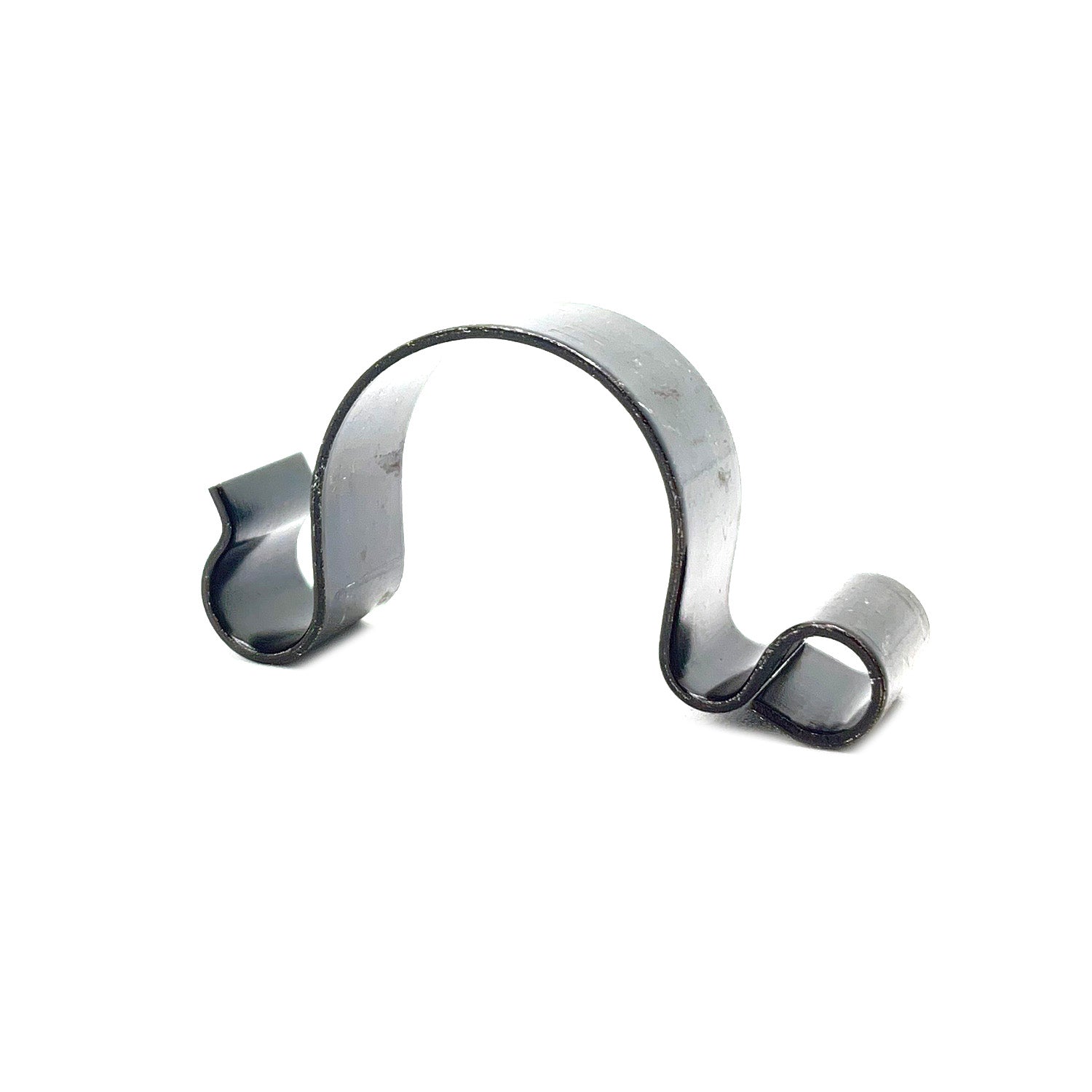 Silver metal clip with curved arch shape and curled ends designed for securing cables or hoses.