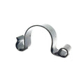 Silver metal clip with curved arch shape and curled ends designed for securing cables or hoses.