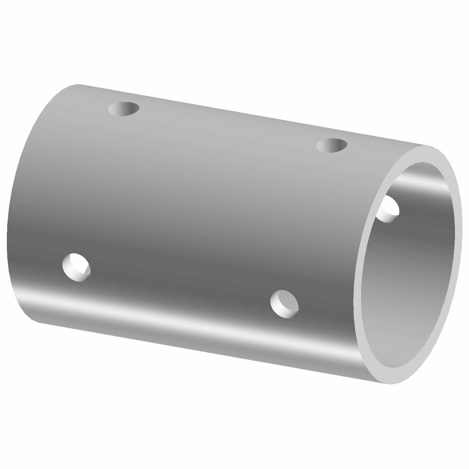 Gray cylindrical metal coupler tube with six evenly spaced circular holes around its surface.