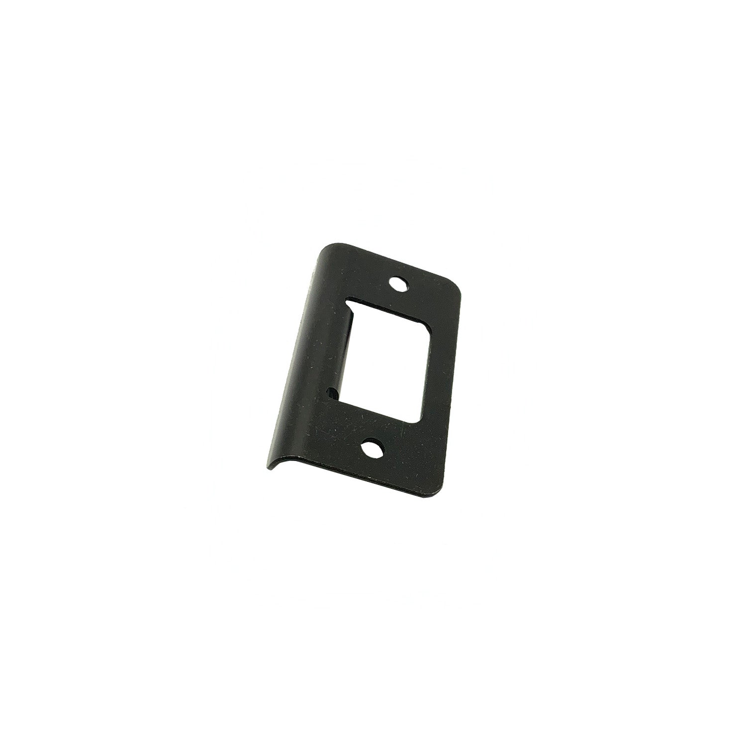 Black metal box latch bracket with a rectangular cutout and two mounting holes.