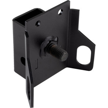 The Honda Receiver Hitch 2 by Moose Offroad features black powder-coated metal, a central threaded bolt, various holes and slots for mounting, and an angular design ideal for structural or mechanical assembly.