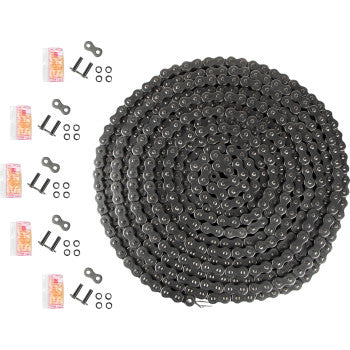 The 530 O-Ring Series Bulk Drive Chain 25 Feet by Parts Unlimited is coiled in a circle and comes with five sets of small hardware, including connecting links, each set in clear plastic bags for enhanced durability and wear life.