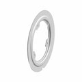 Plated silver metal retainer bracket seal with circular shape and mounting tabs.