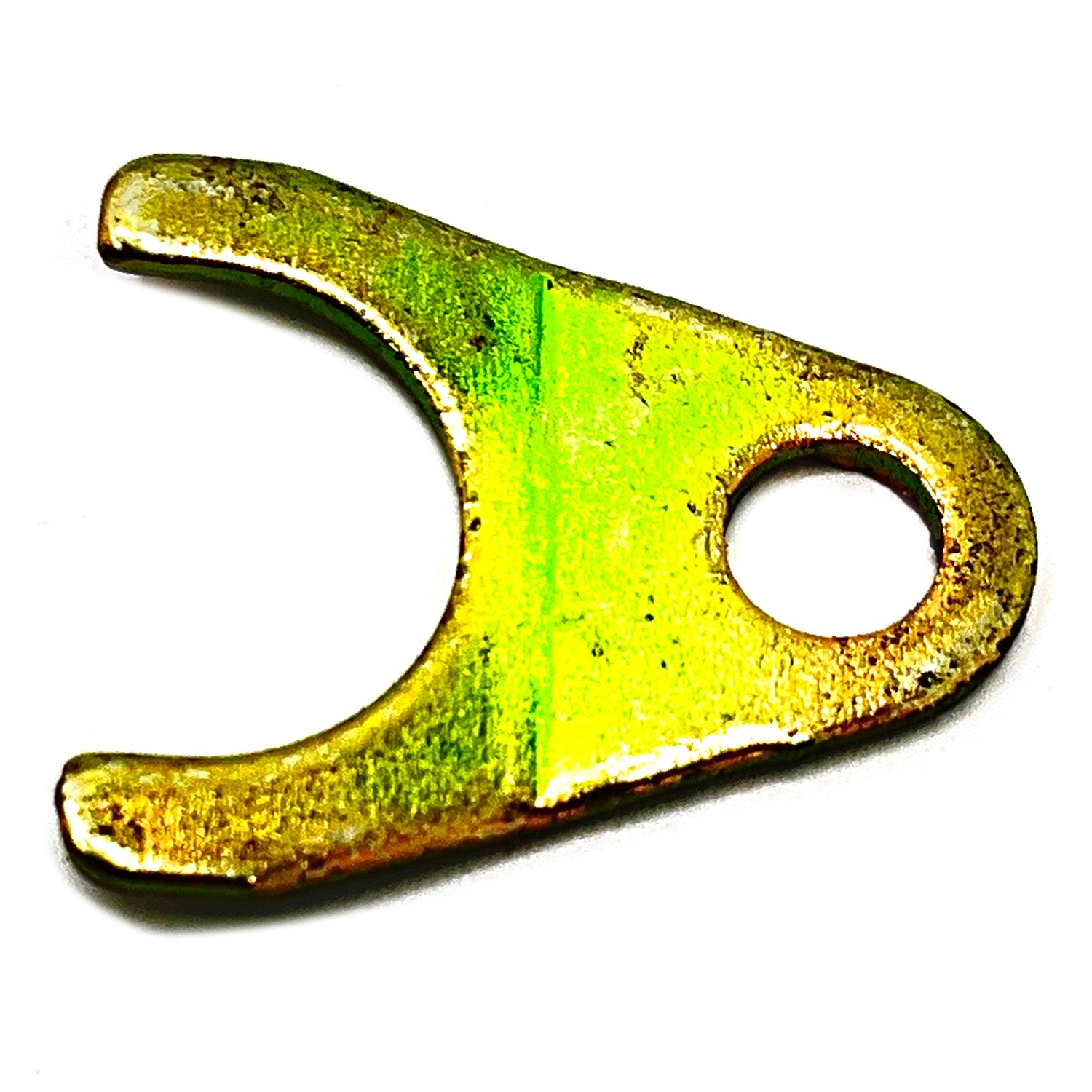 Yellow-green metal oil filter clamp fork with circular mounting hole and curved open end.