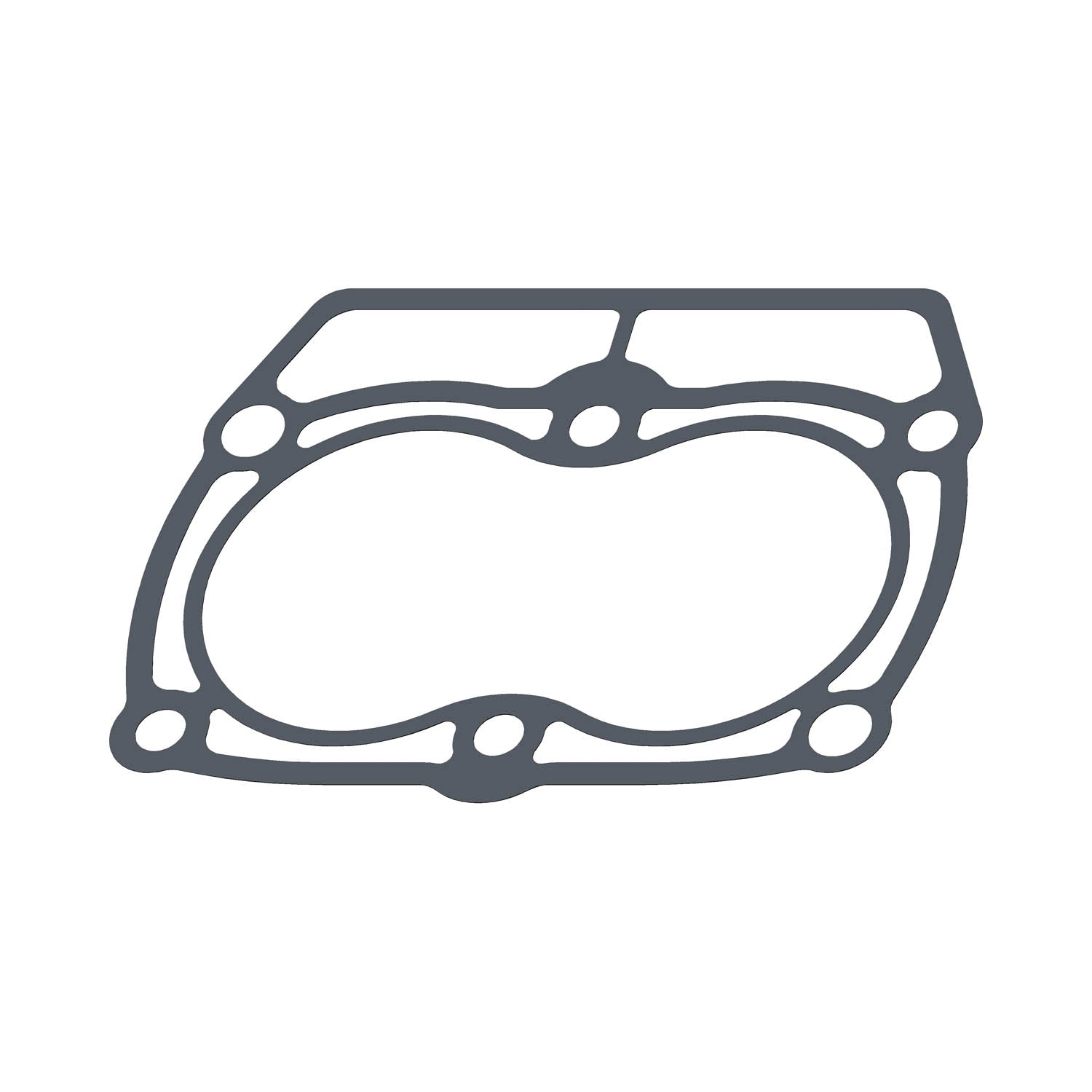 Black rubber base gasket with multiple circular and curved cutouts designed for engine sealing.
