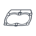 Black rubber base gasket with multiple circular and curved cutouts designed for engine sealing.