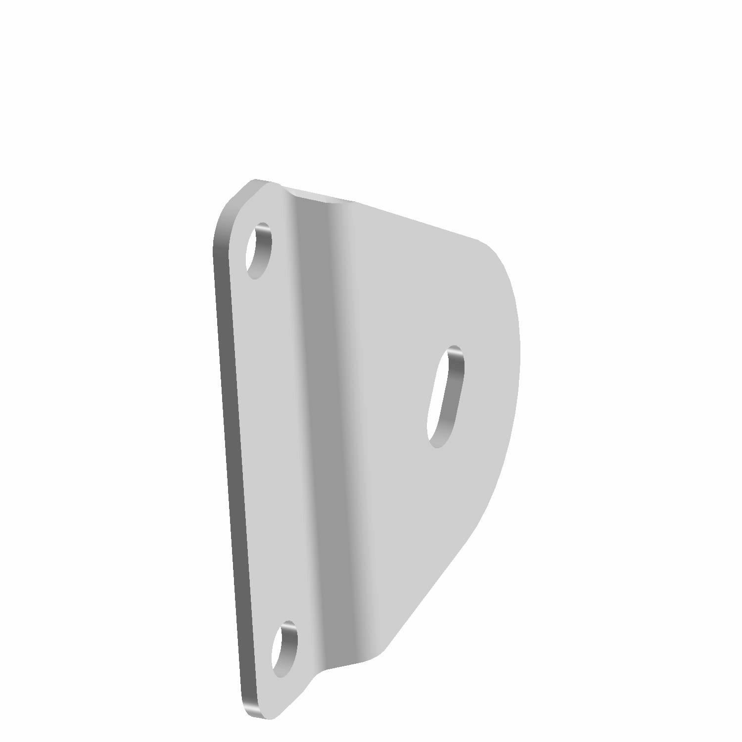 Silver-gray metal engine top mount bracket with two mounting holes and a curved, angled design.