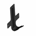 Black metal front license plate bracket with mounting holes and angled support arm.