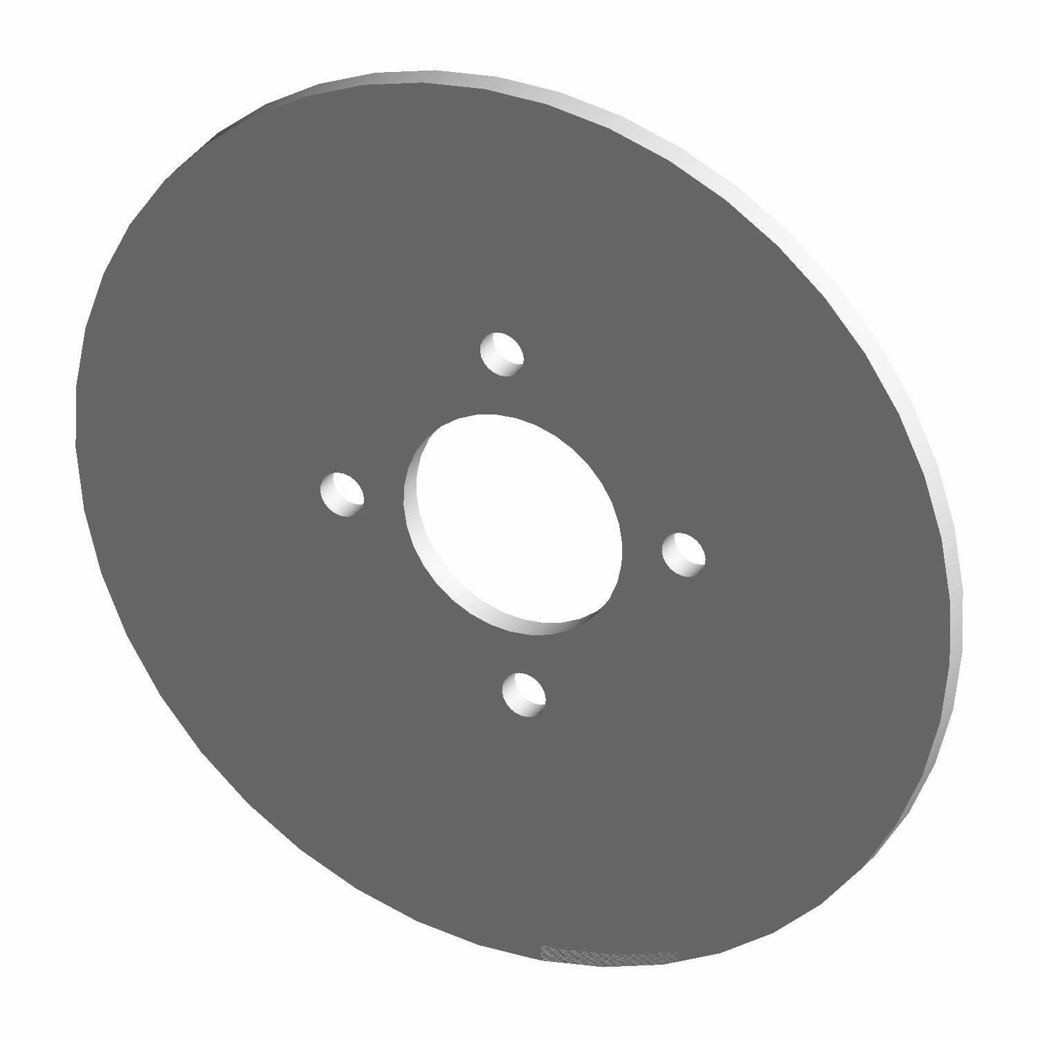 Round black metal disc brake rotor with central and four peripheral bolt holes.