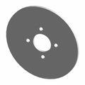Round black metal disc brake rotor with central and four peripheral bolt holes.