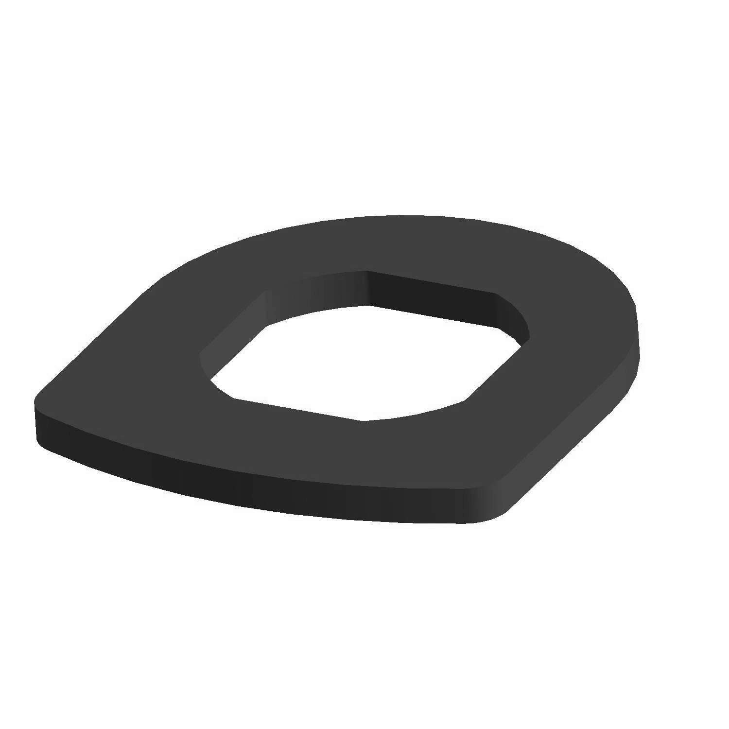 Black plastic Latch Spacer Bracket with a central hexagonal cutout and rounded edges.