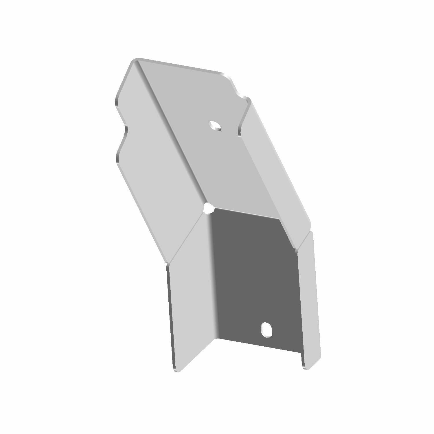 Silver metal exhaust heat shield with angled edges and mounting holes.