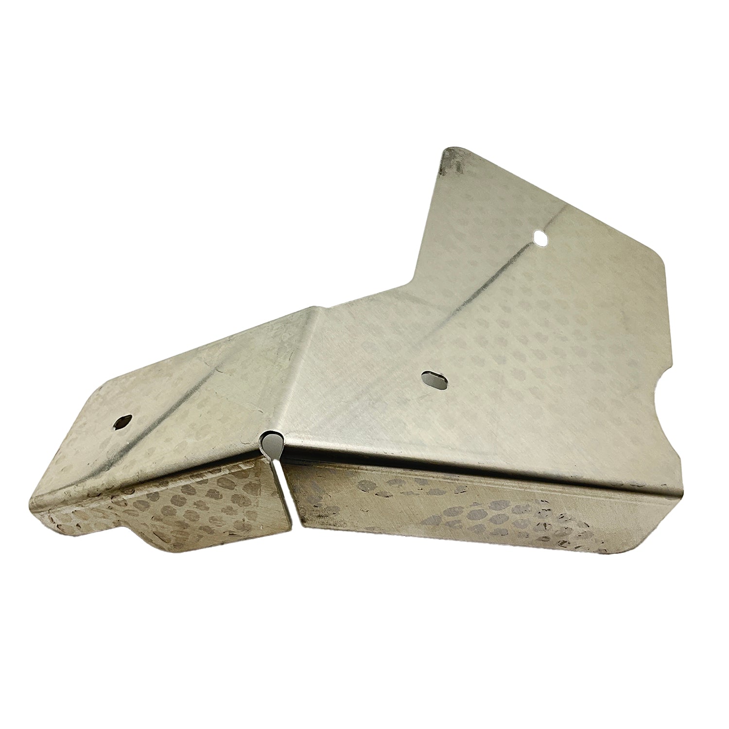 Silver metal exhaust shield manifold with a textured, perforated design and multiple mounting holes.