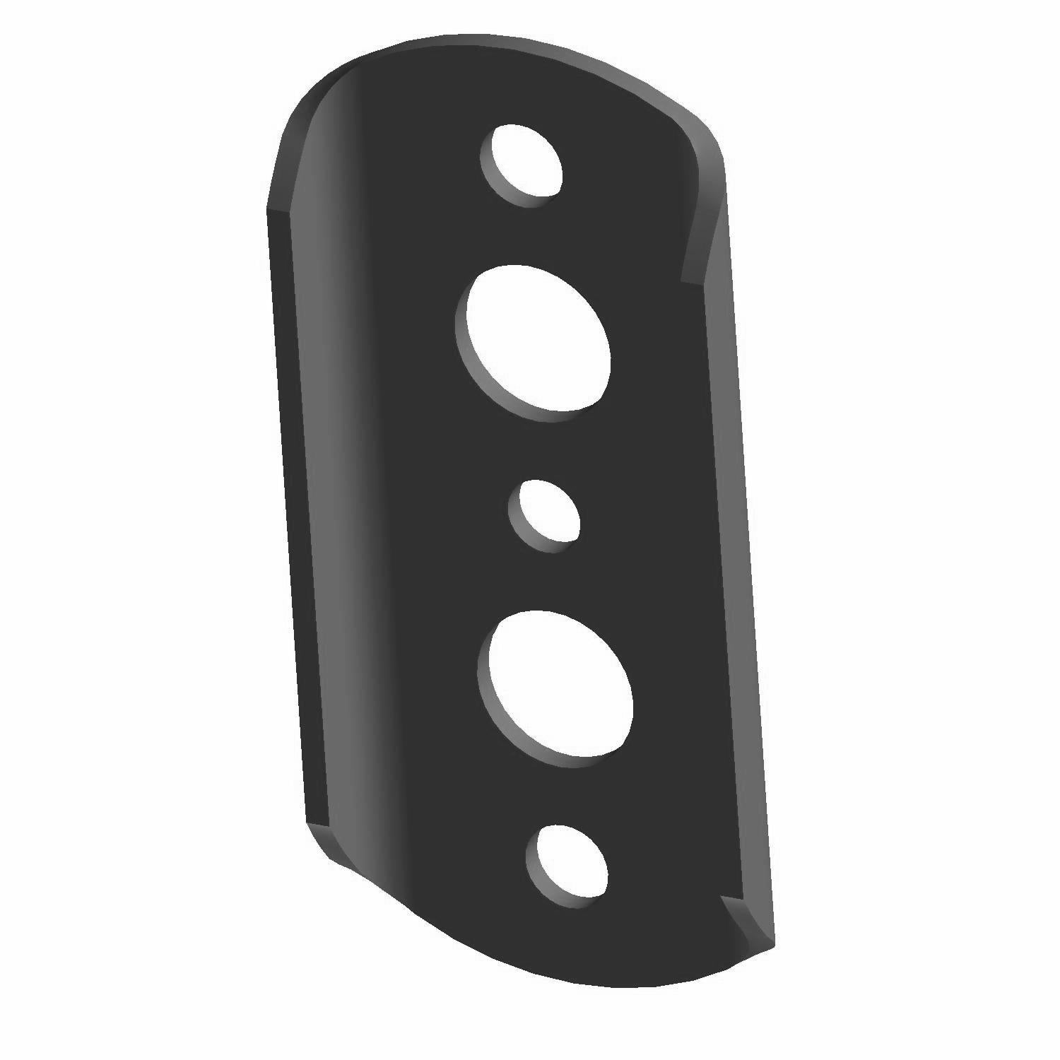 Black metal swaybar bushing bracket with four circular holes and curved edges.
