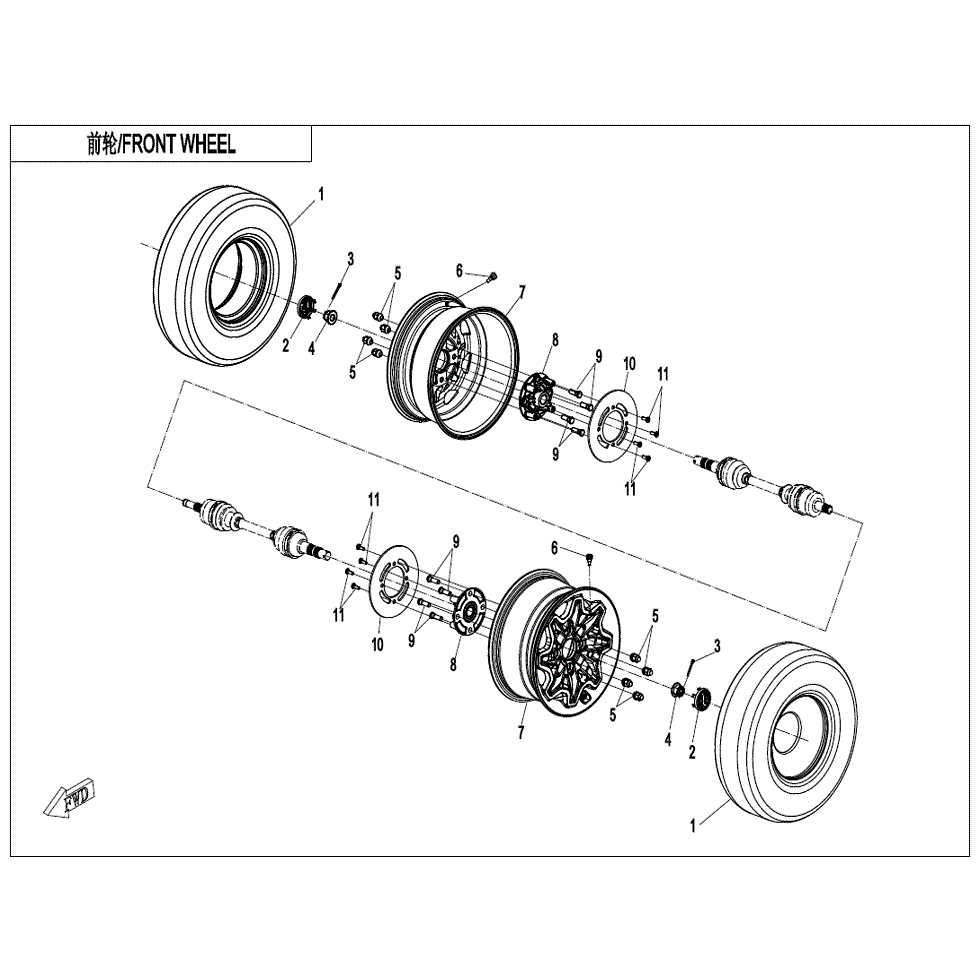 An Image of a Genuine CFMOTO Parts Schematic Diagram showing the schematic - FRONT WHEEL - 2022 CFMOTO ZFORCE 950 Sport