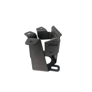 Black metal ignition coil bracket with multiple mounting holes and angular design.