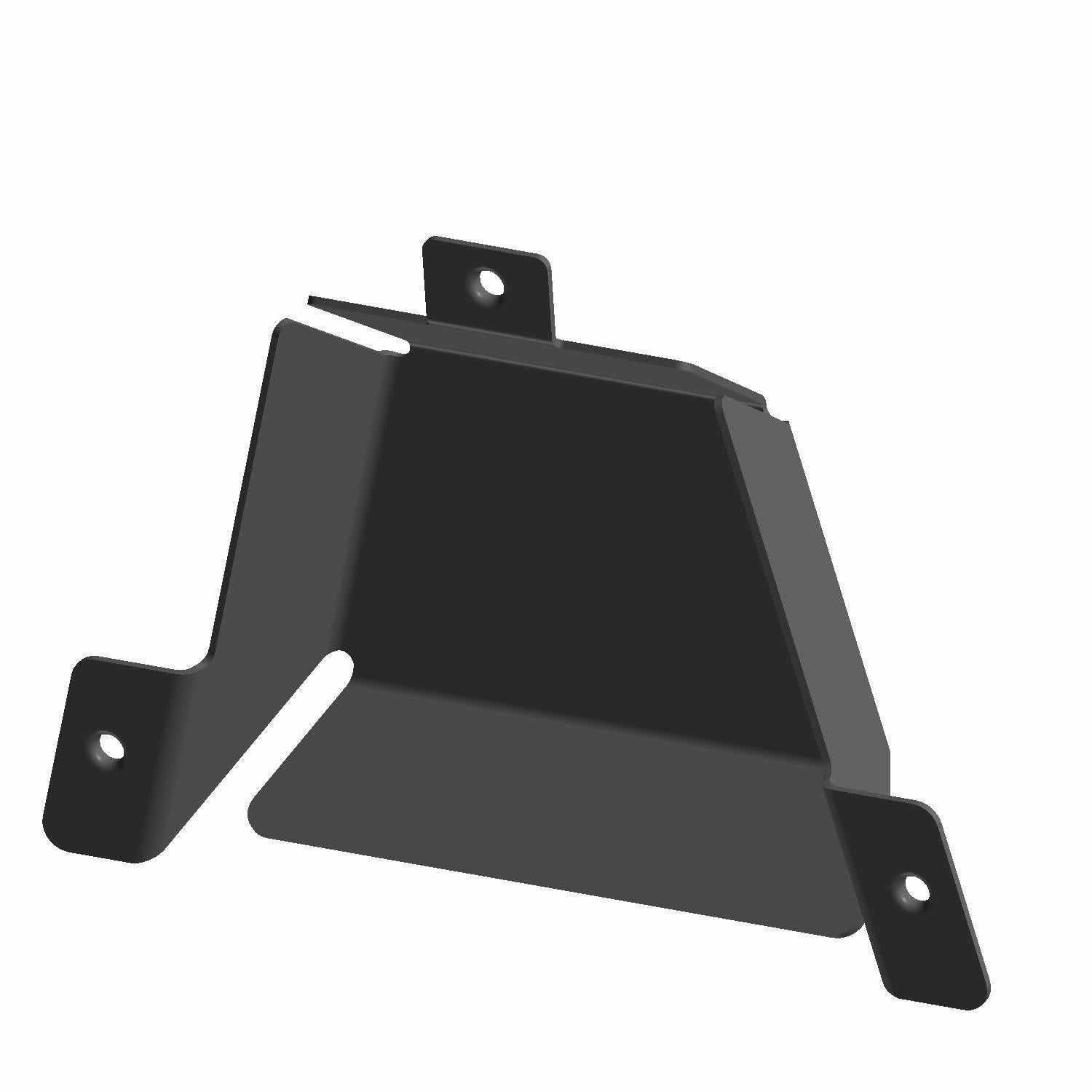 Black metal bumper bracket guard with three mounting holes and angled design.