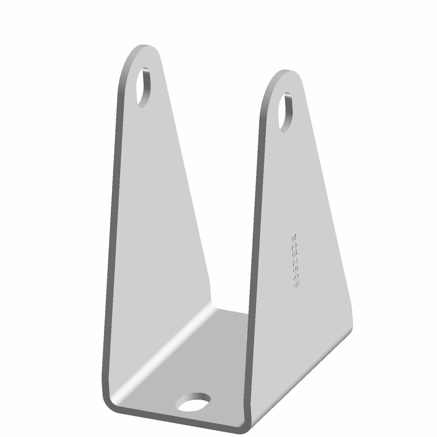 Gray metal rear transmission mount bracket with three mounting holes and angled sides.