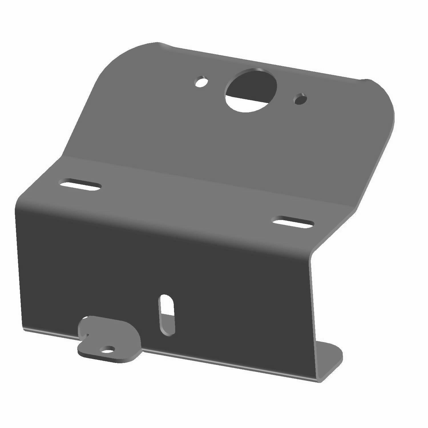 Matte black metal license plate bracket with multiple mounting holes and a sturdy bent design.