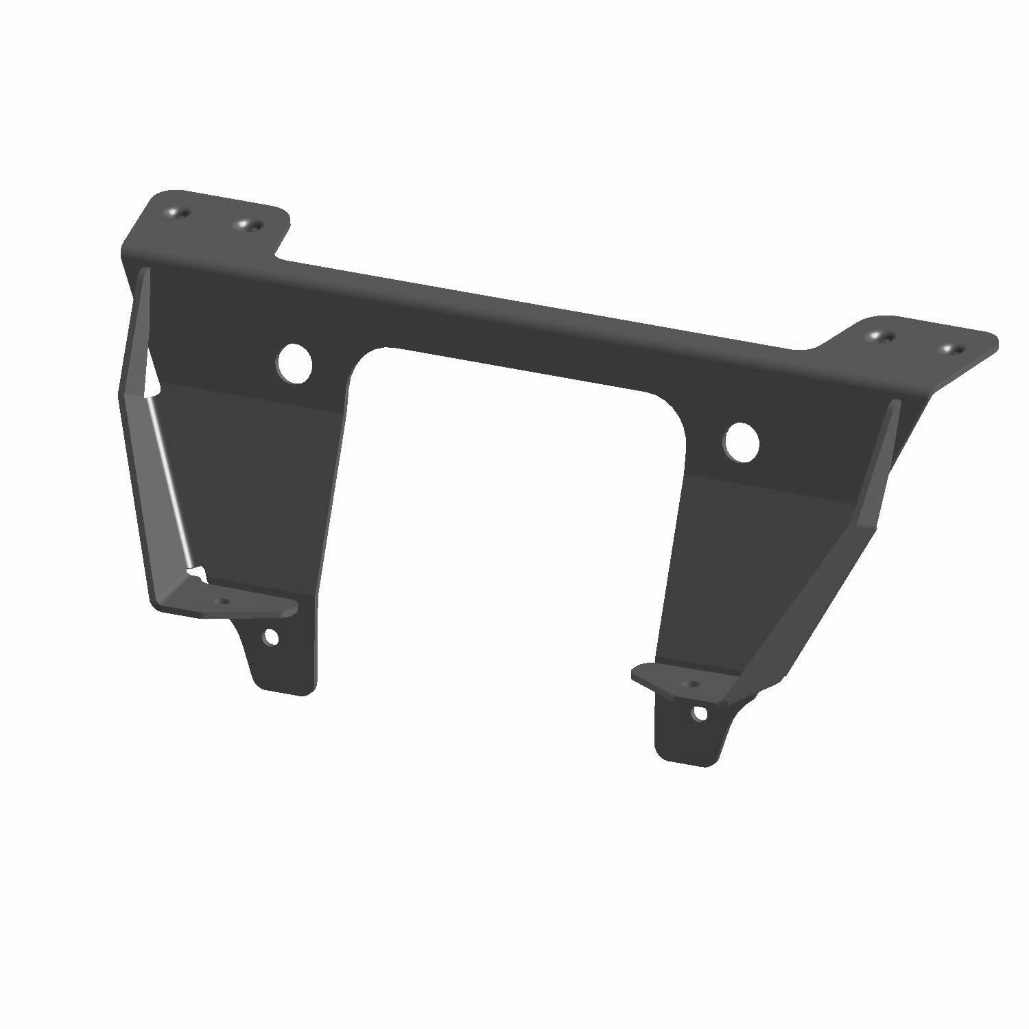 Black metal lower radiator mount bracket with multiple bolt holes and angular supports.