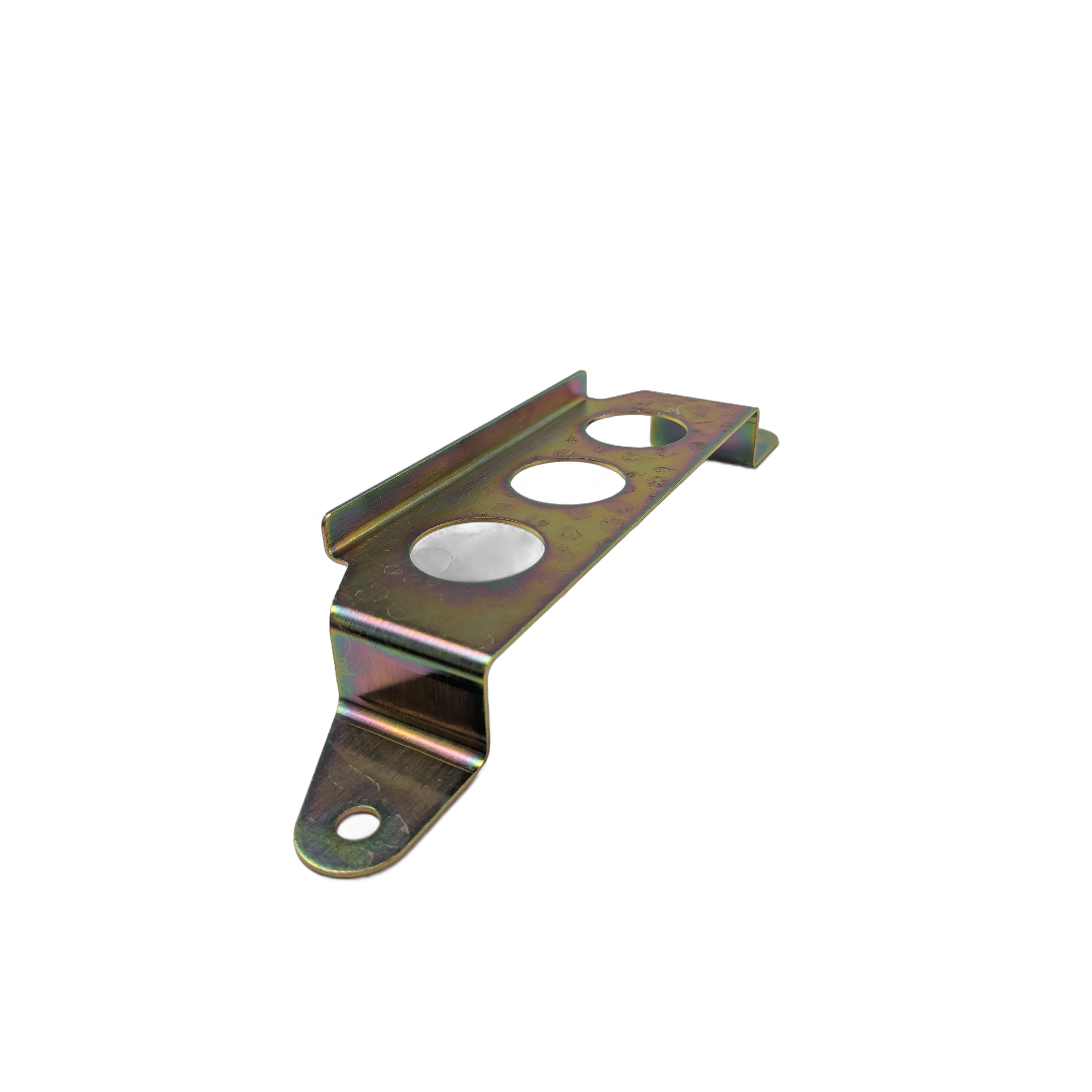 Metal battery strap bracket with three circular cutouts and mounting hole on angled end.