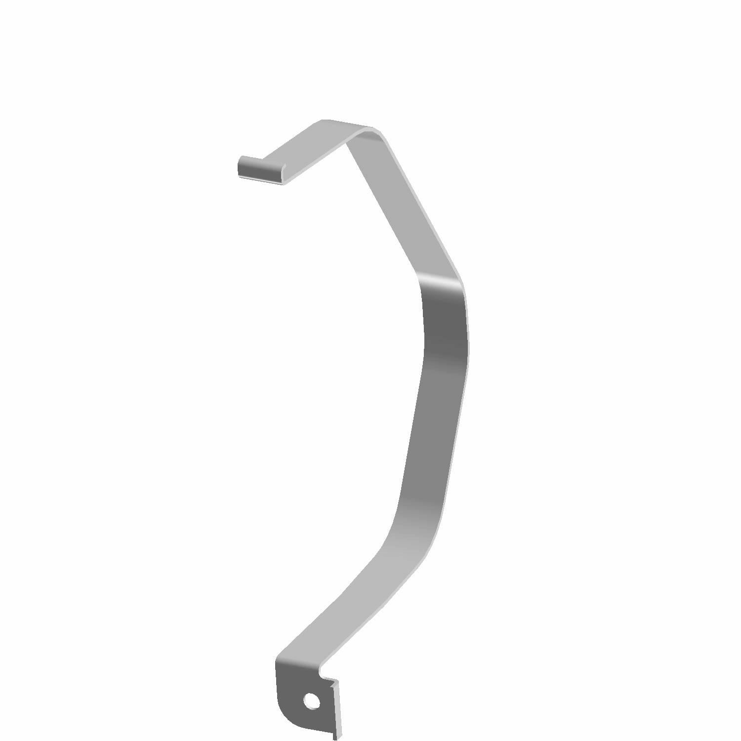 Silver metal front tank bracket with curved shape and mounting hole at end.