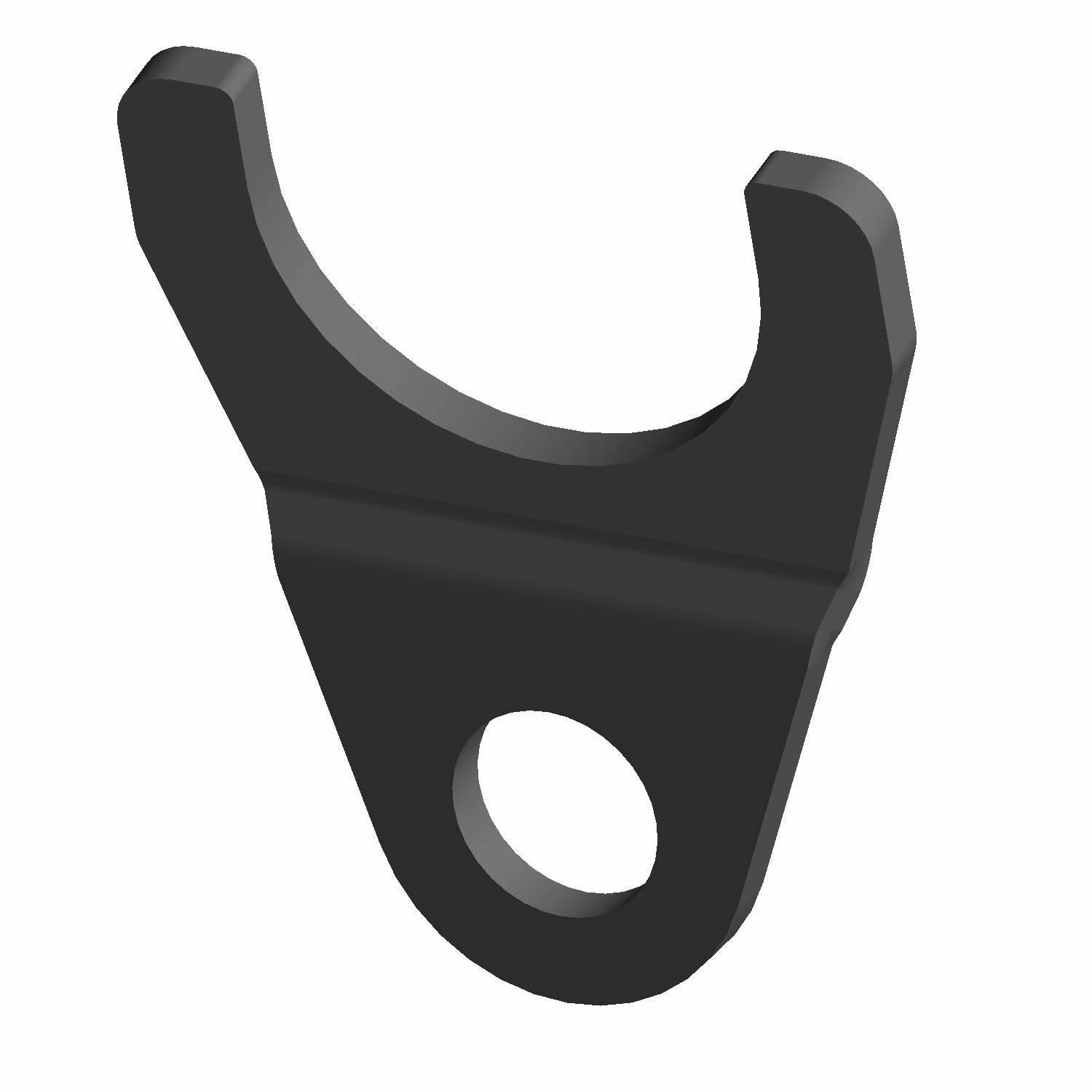 Black metal oil fill tube clamp with a circular mounting hole and open-ended curved top section.