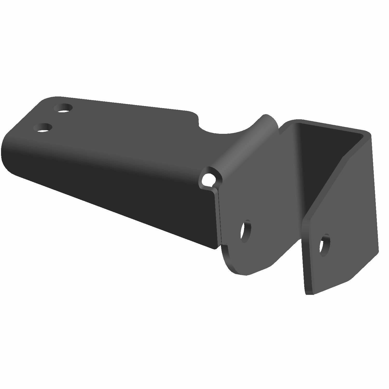 Black metal transmission mount bracket with multiple bolt holes and angled design.