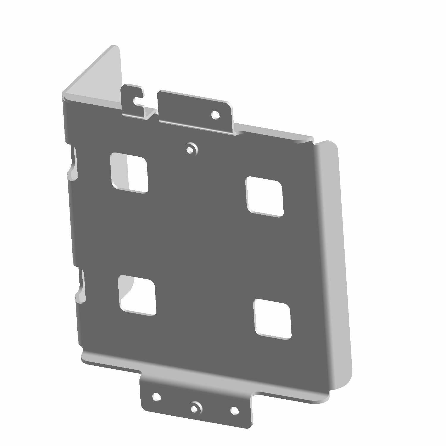 Medium gloss black metal battery mount with square cutouts and mounting holes designed for Polaris UTV models.