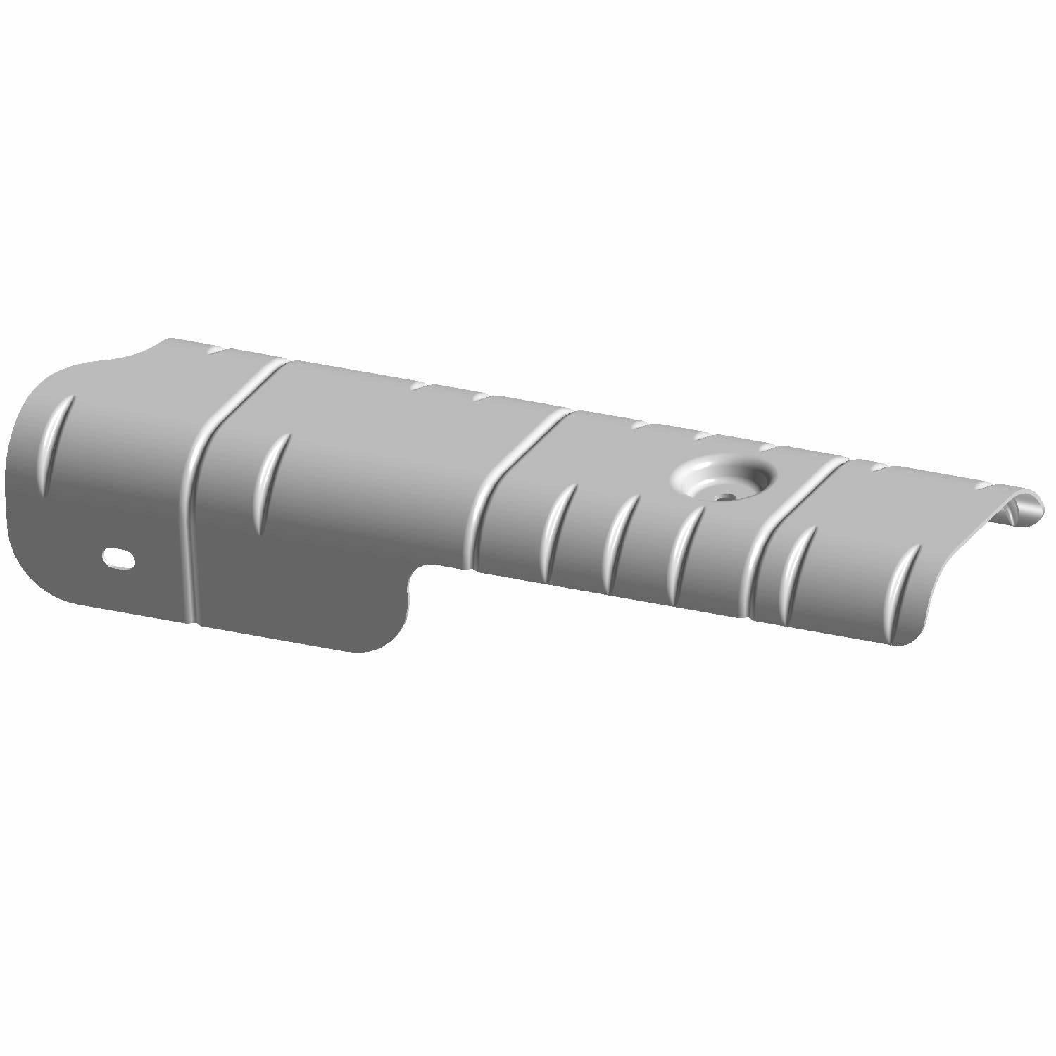 Silver metal shield plate with curved edges and embossed ridges designed for dual pipes.