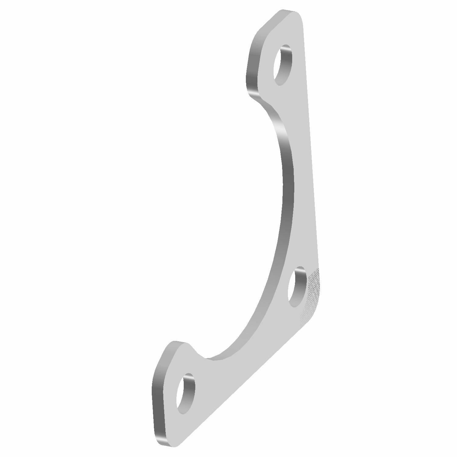 Silver metallic manifold plate with three mounting holes and a curved design.