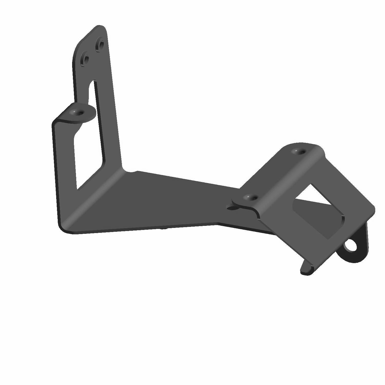 Black metal coolant fill mount bracket with angled and flat sections, mounting holes on each end.