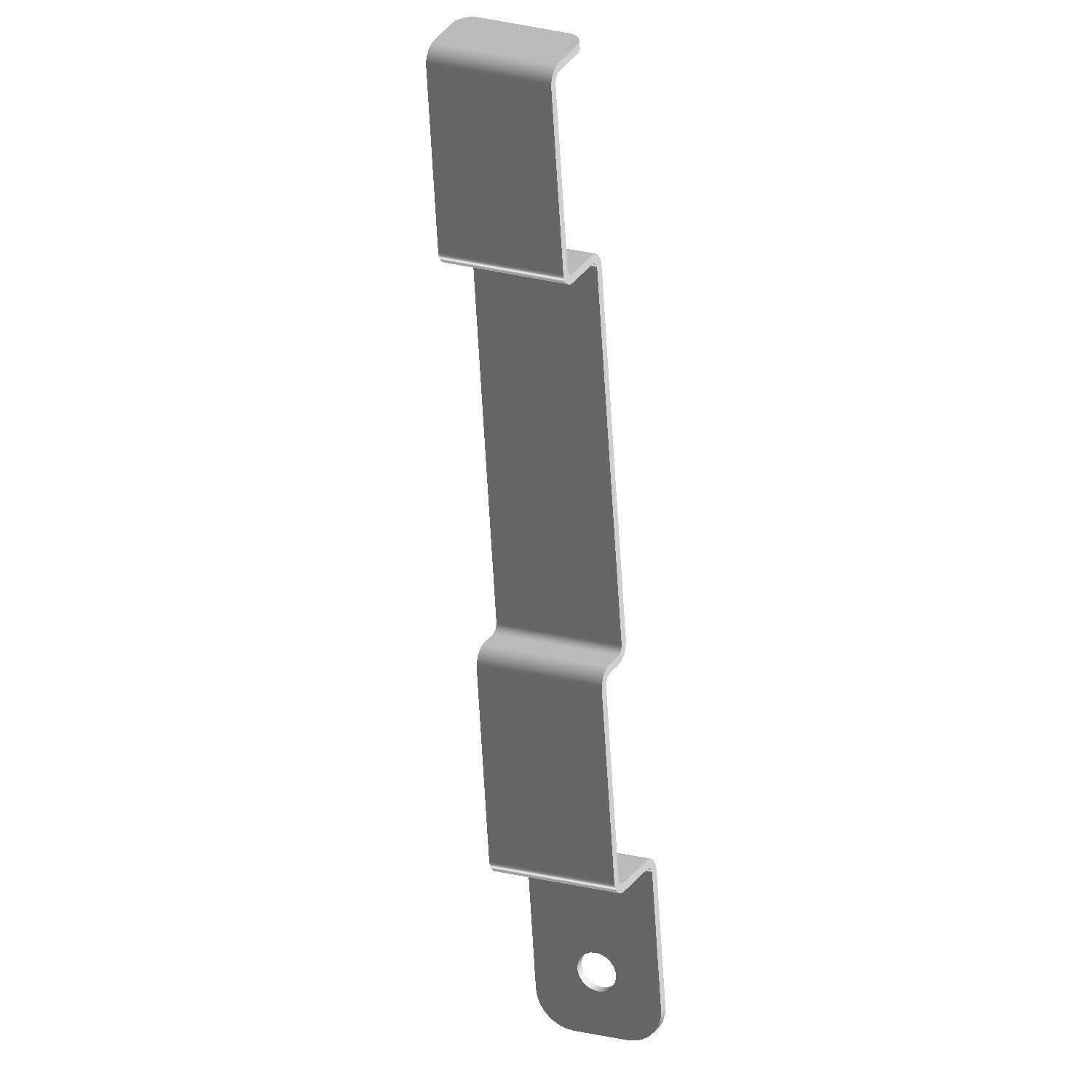Gray metal battery strap retainer with angled hook and mounting hole on one end.