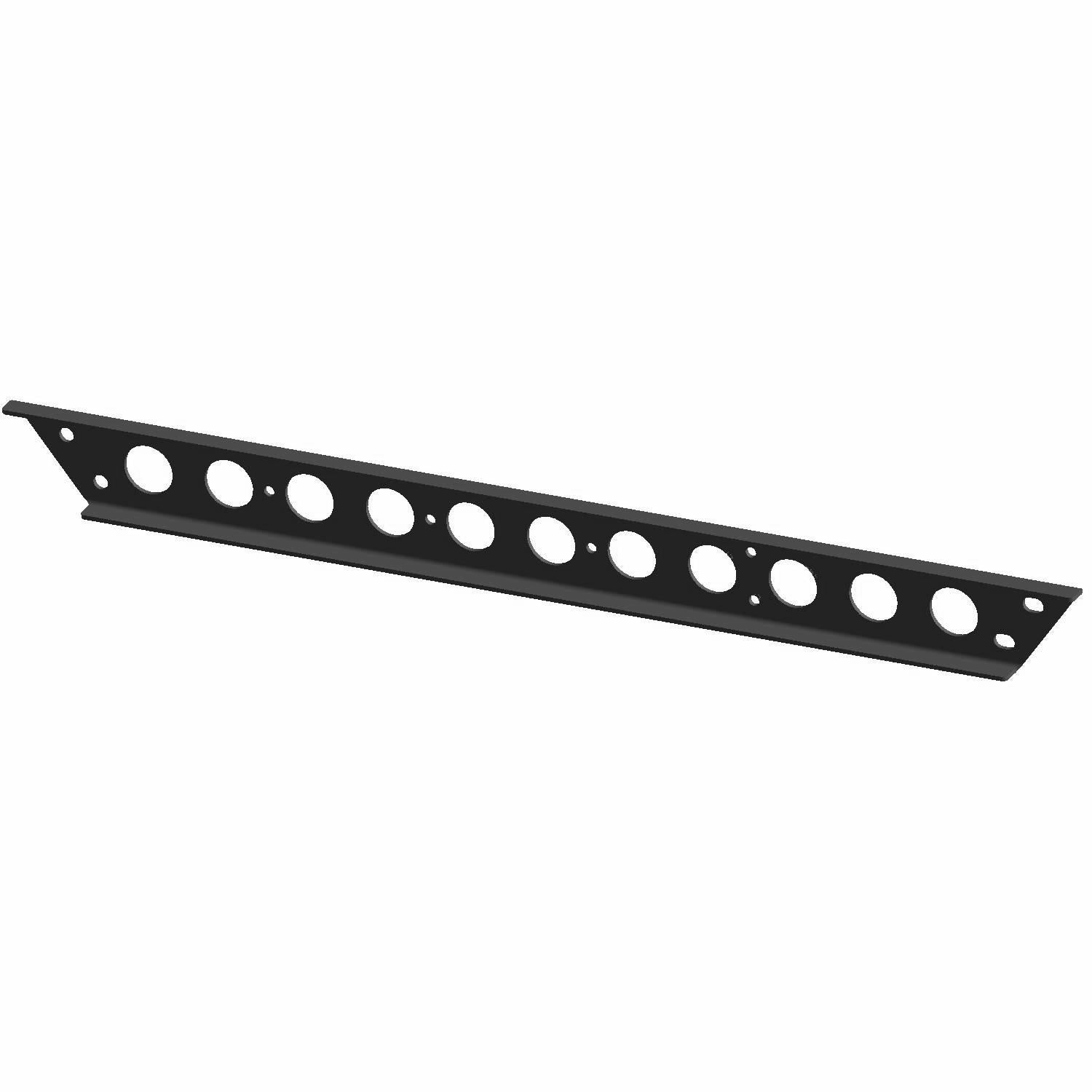 Black metal rear bracket brace with circular cutouts and mounting holes.