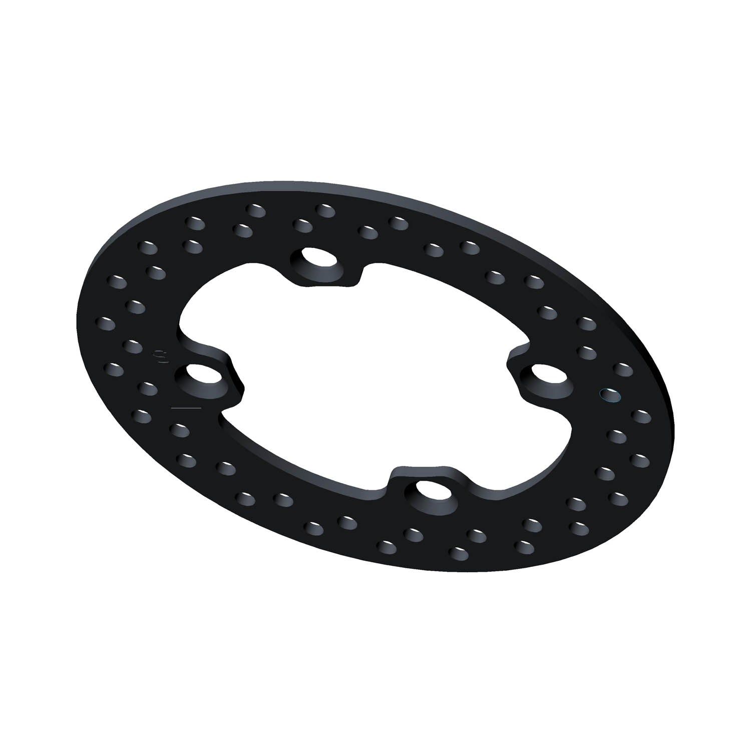 Black round perforated front disc brake rotor with mounting holes designed for Polaris vehicles.