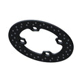 Black round perforated front disc brake rotor with mounting holes designed for Polaris vehicles.