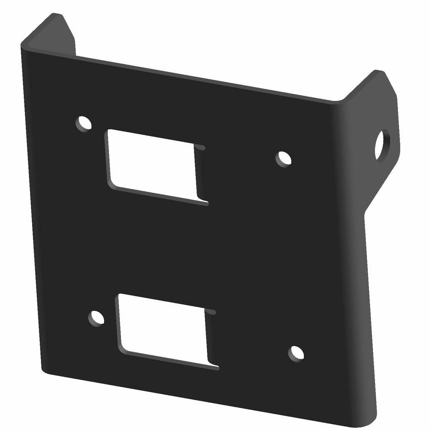 Black metal bracket with two rectangular cutouts and four mounting holes for park brake lever installation.