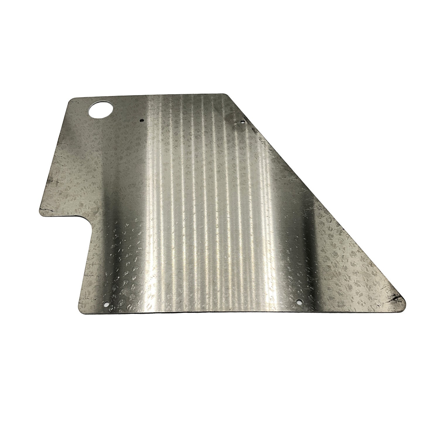 Metallic silver heat shield with textured, ribbed surface and rounded edges featuring one circular mounting hole.