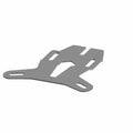 Flat black metal license plate bracket with multiple mounting slots and a contoured shape.