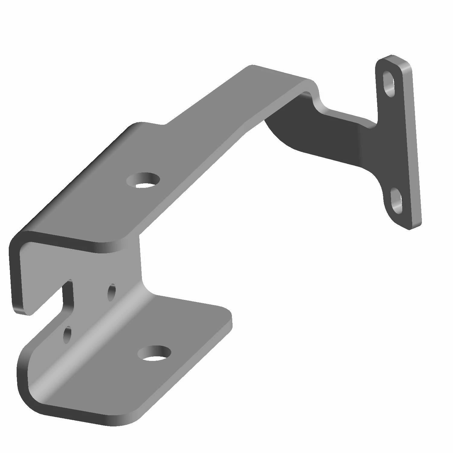 Matte black metal pedal bracket mount with multiple mounting holes and angular design.