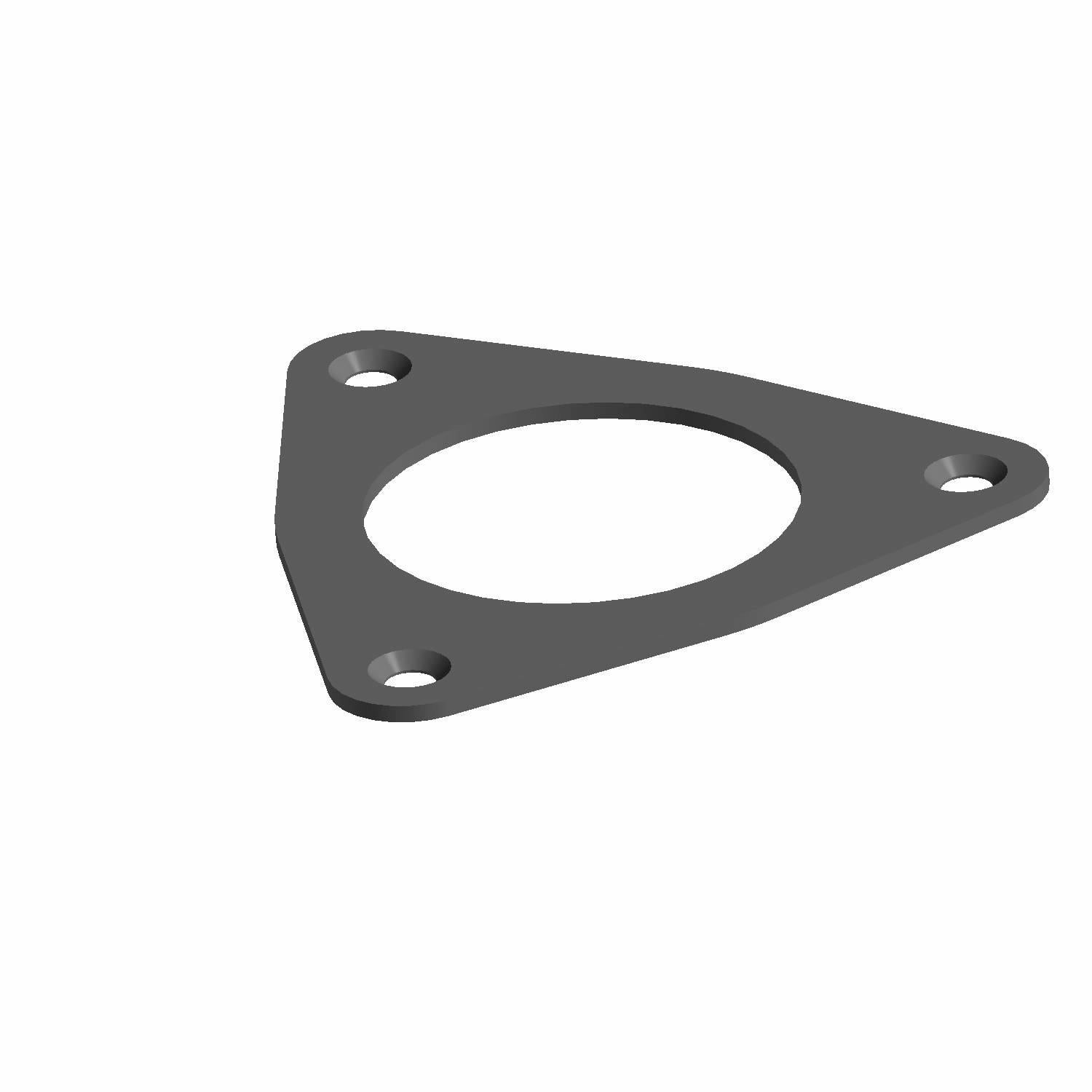 Triangular black metal bearing retainer plate with three mounting holes and a large central circular cutout.