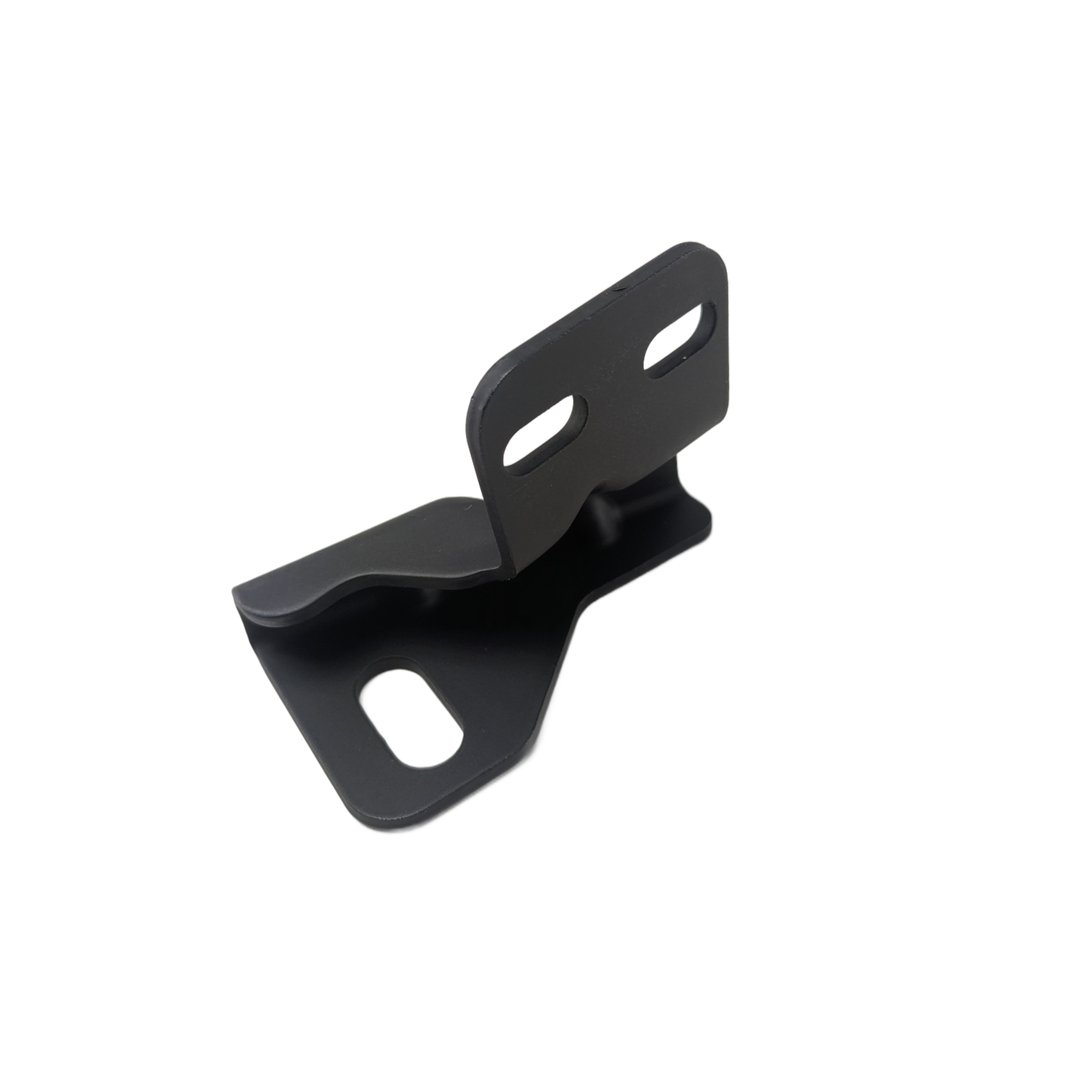 Matte black metal left striker bracket with angled design and three elongated mounting holes.