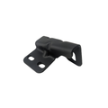 Black metal adjustable striker bracket with two mounting holes and curved design.