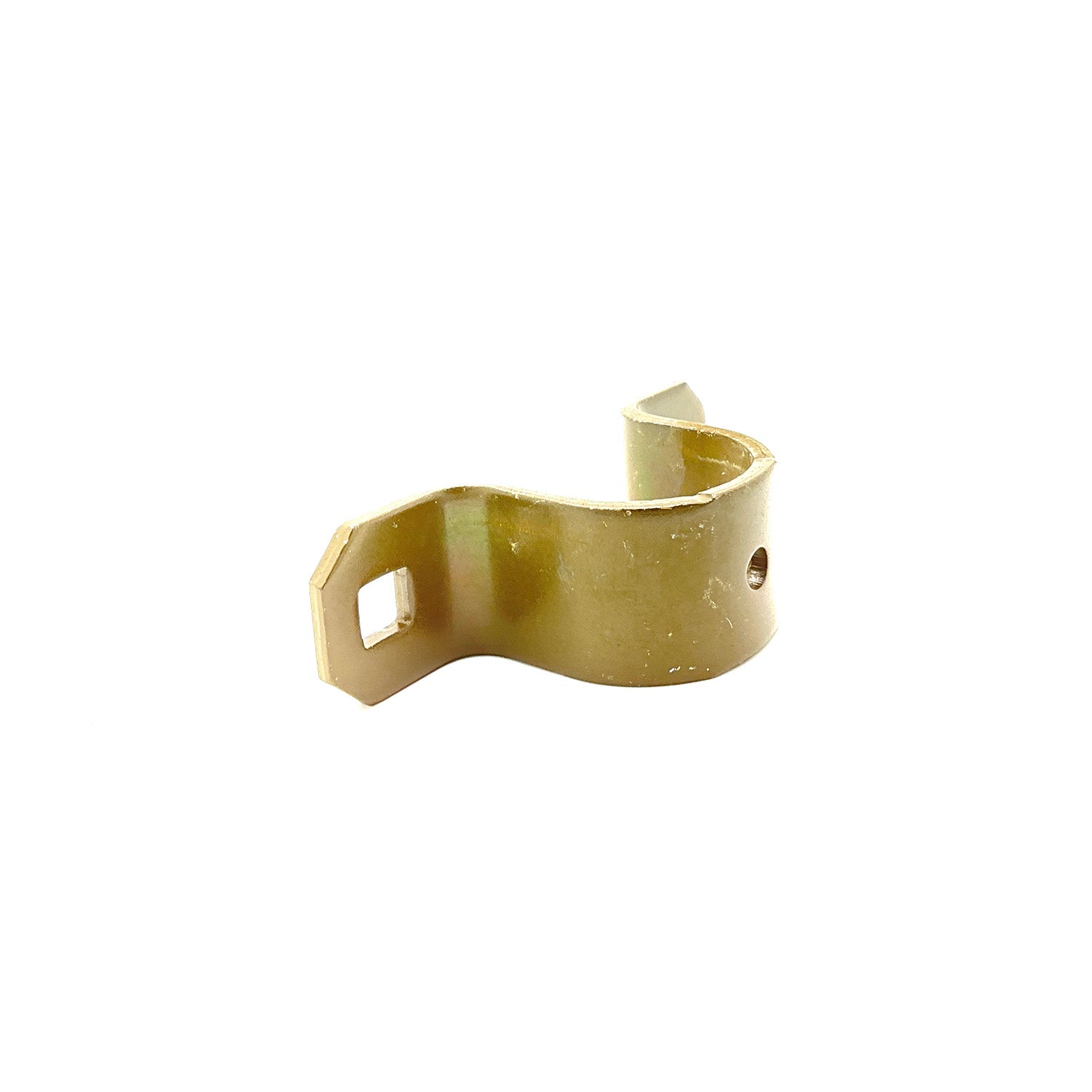 Beige upper steering bushing bracket with mounting holes and curved clamp design.