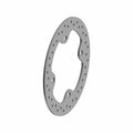Round silver metal brake disc with perforated holes and irregular inner cutouts.