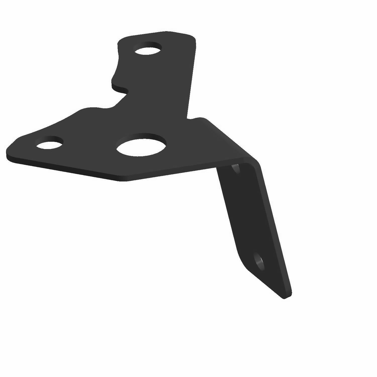 Black metal harness routing bracket with angled design and three mounting holes.